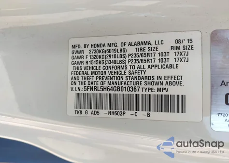 2016 Honda Odyssey Ex-L из США, поврежденный, VIN 5FNRL5H64GB010367